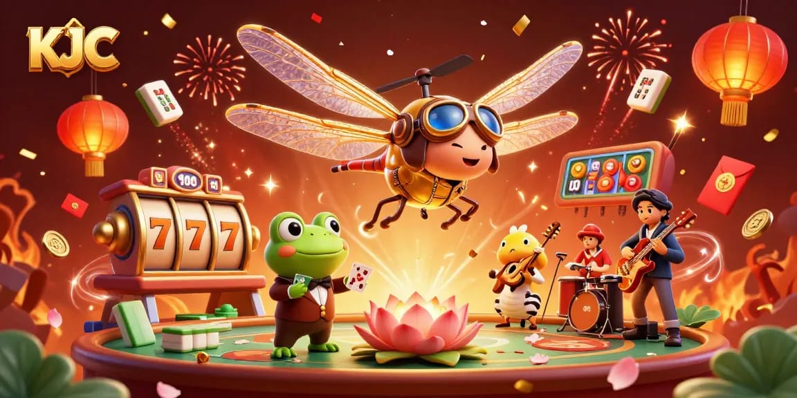 KJC welcomes playful dragonfly pilots, engaging frog croupiers while spinning slot reels.