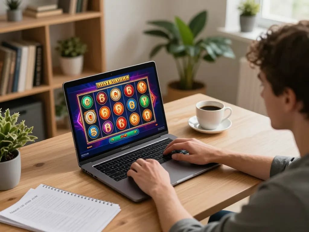 Player enjoying online slots at home, experiencing open88 nhà cái in a cozy setup with strategy notes.