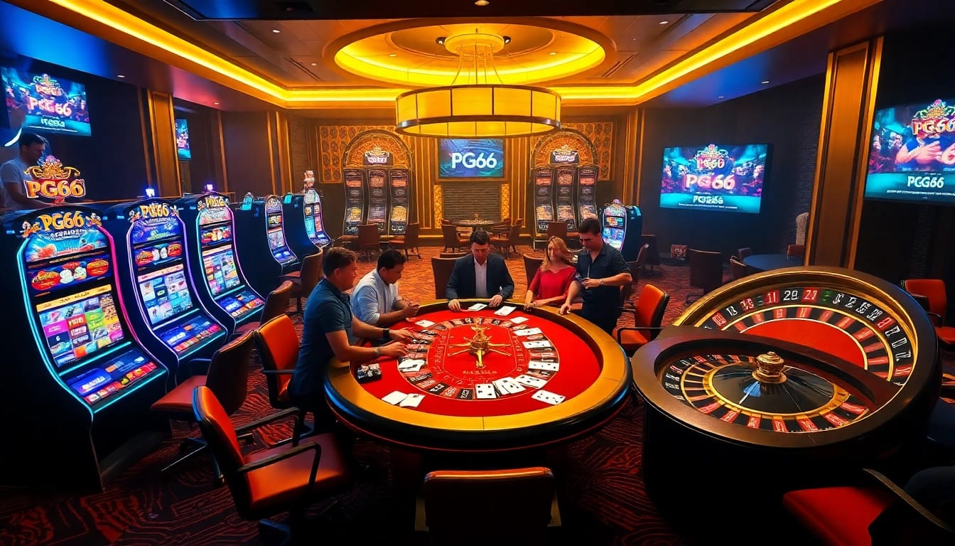 Experience thrilling gameplay at PG66 with poker tables and vibrant slot machines.
