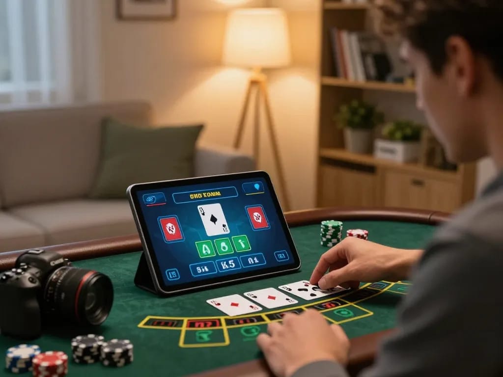 Player engaging in online blackjack on tablet screen showcasing sc88 gameplay with focused betting strategy.