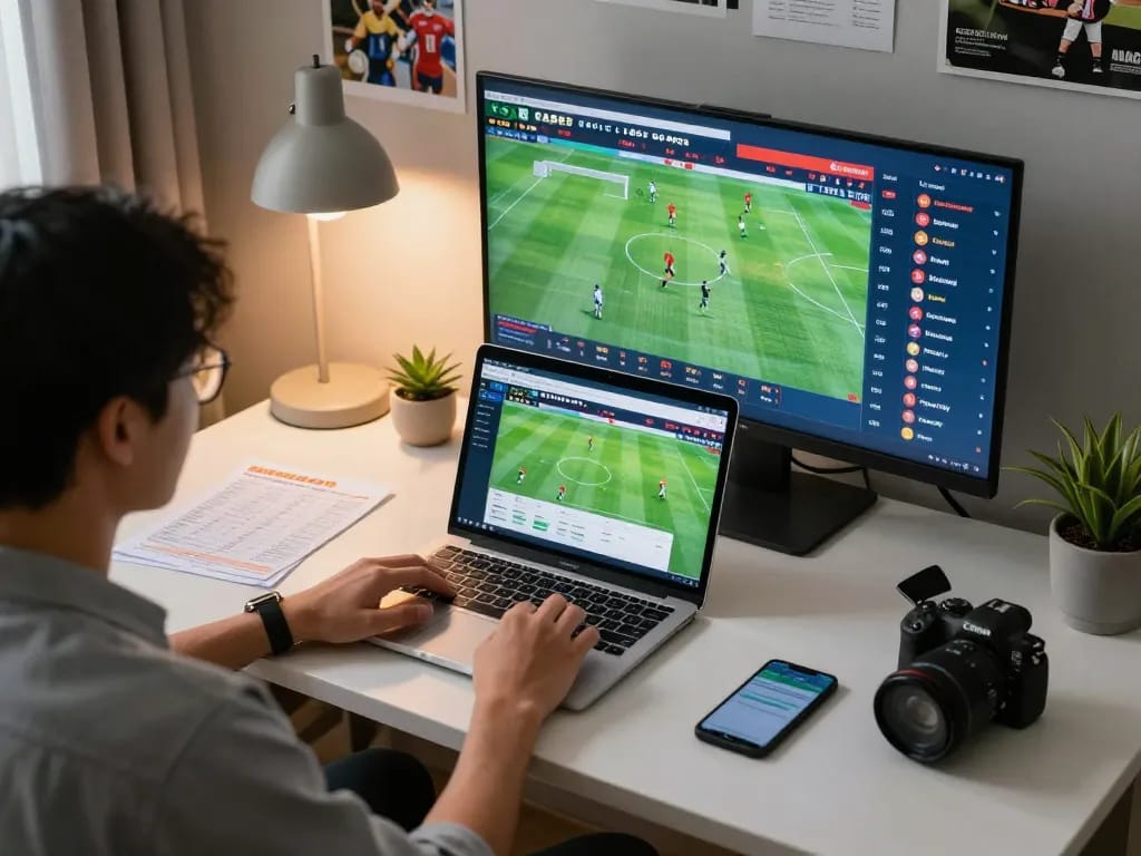 Engaging in web cá độ bóng đá from a comfortable home office, exploring live game betting options.