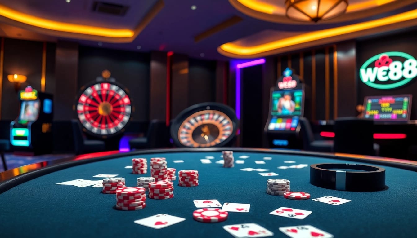 Exciting WE88 casino scene with poker table, chips, and illuminated slot machines