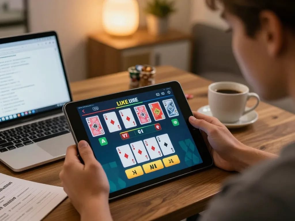 Engaging online blackjack gameplay with lc88 on tablet, showcasing strategic betting in a cozy home environment.
