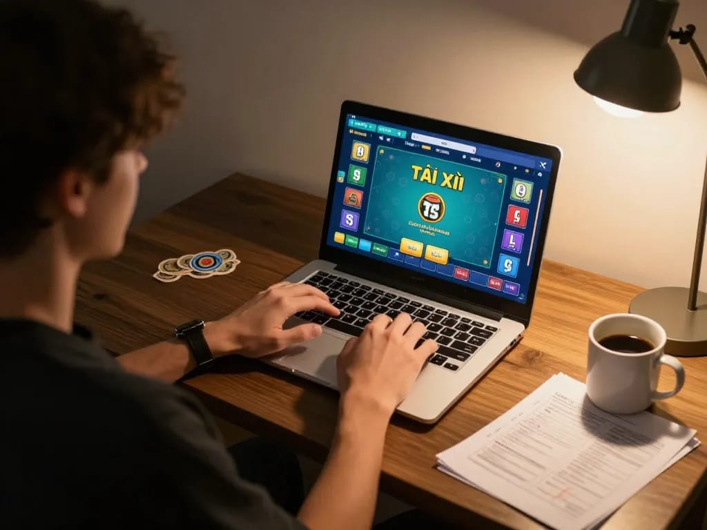 Playing Tài Xỉu online on a laptop in a cozy home setting with strategic notes