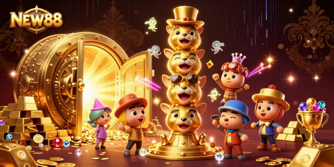 Experience vibrant gaming excitement with NEW88's dynamic 3D casino illustration showcasing rich treasures and thrilling action.