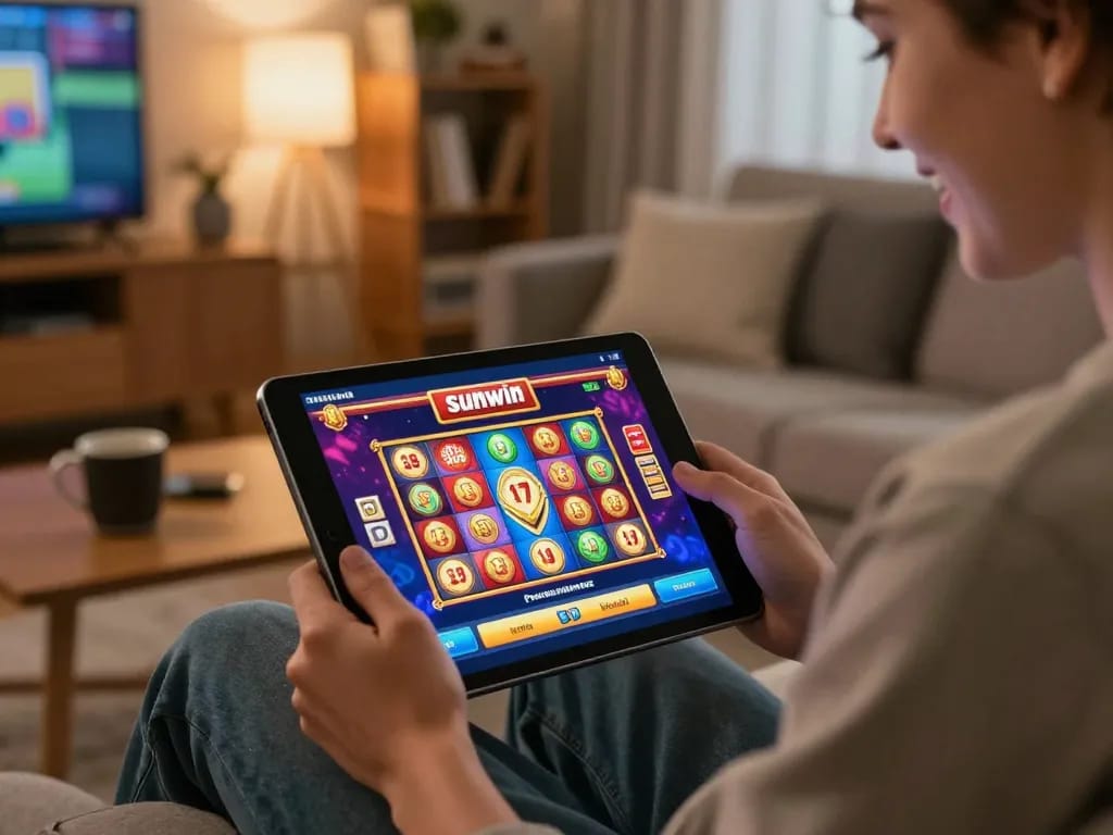 Person using the Sunwin app to play engaging online slots in a cozy living room setting.