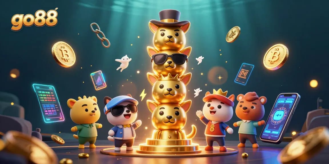 Engage in exciting gaming at go88 with a vibrant 3D illustration showing dynamic casino elements and cryptocurrency symbols.