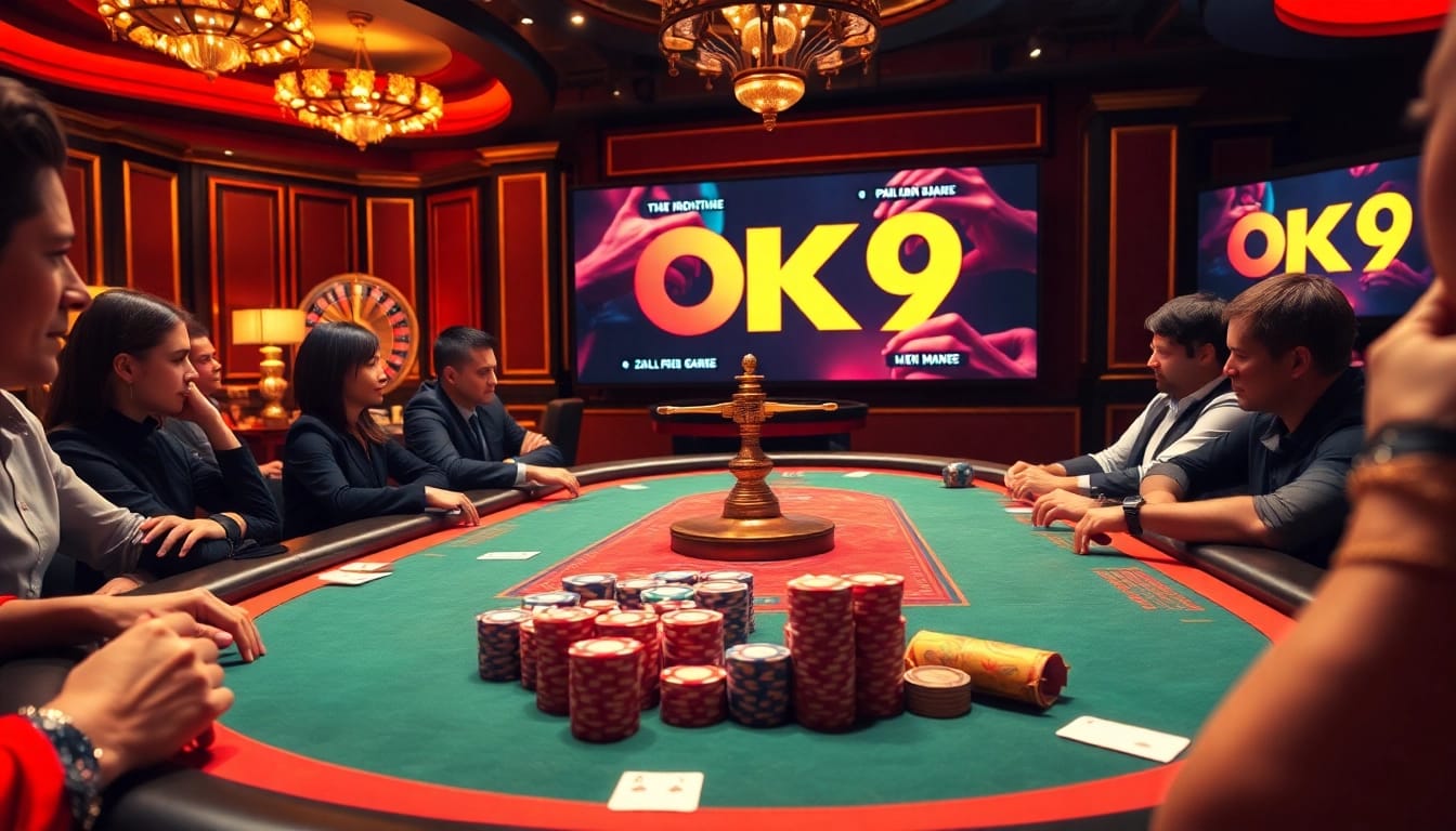 Players engaging at an OK9 poker table during an exciting casino night.