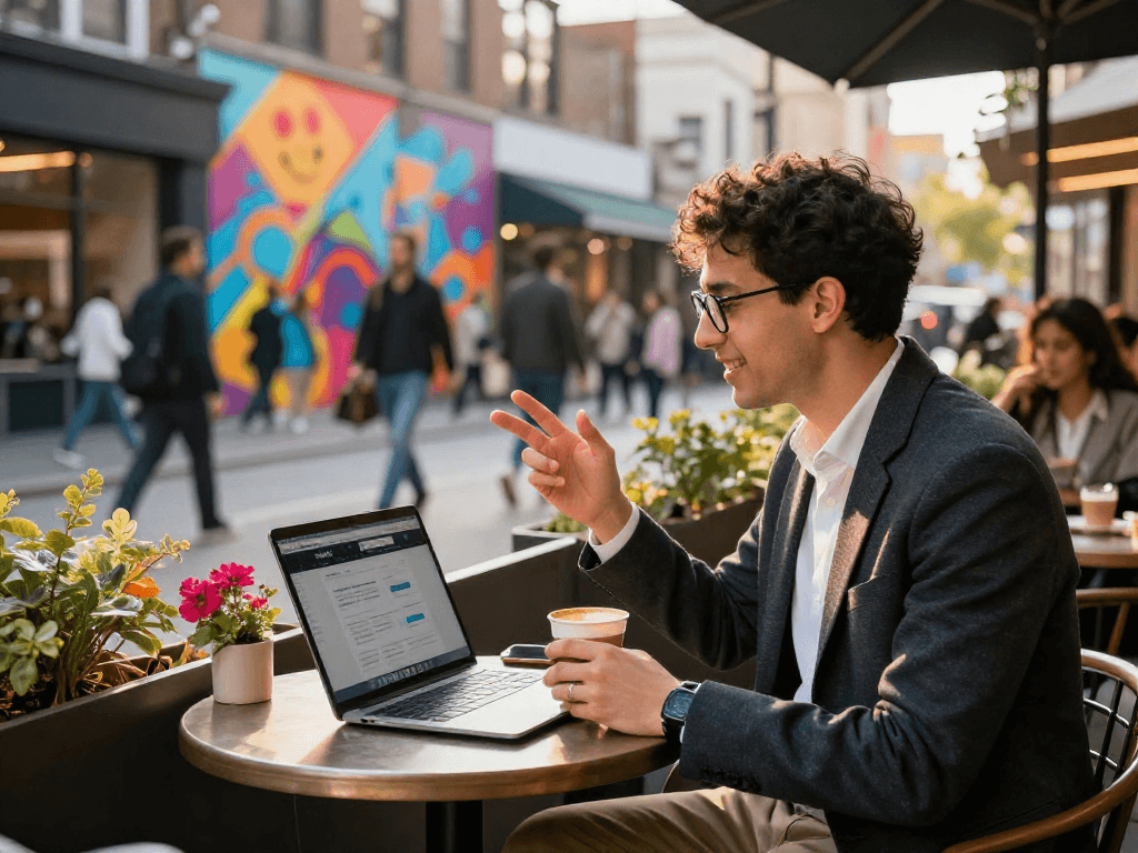 Professional discussing rokok88 strategies at a vibrant outdoor café.