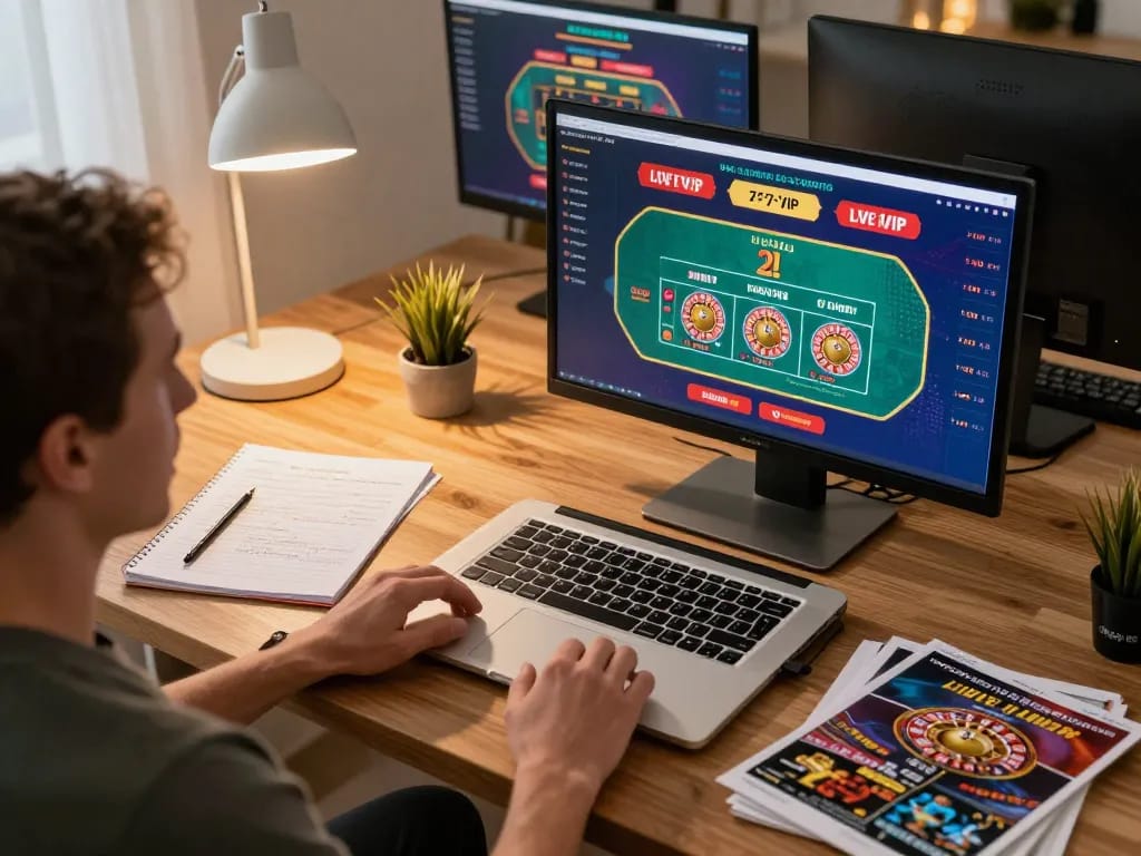 Player engaging with 777VIP live dealer games on a laptop, showcasing a responsible gaming environment with strategy notes.