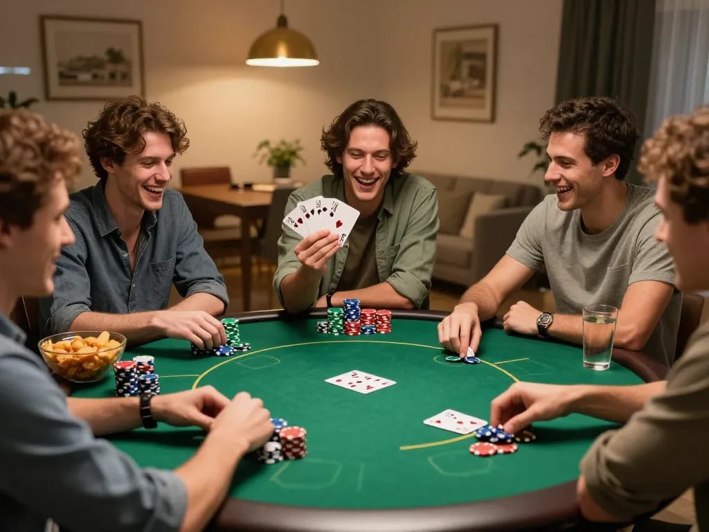 Socolive poker night scene with friends celebrating a winning hand and engaging in friendly competition.