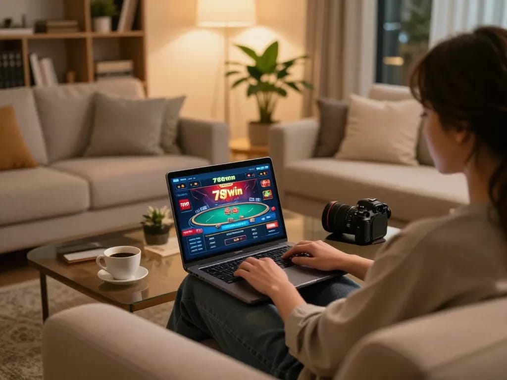 Engaging in online gambling at 789win with a cozy setup and strategic focus.