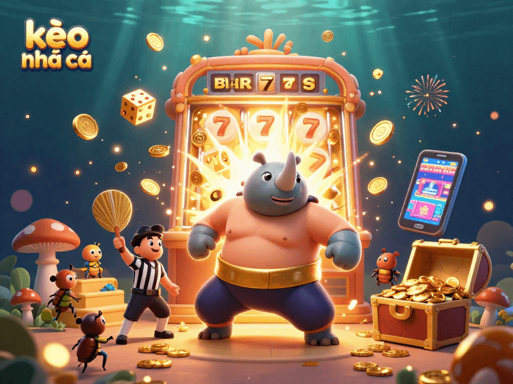 Play thrilling kèo nhà cái with a cartoon beetle champion amidst a vibrant casino explosion.