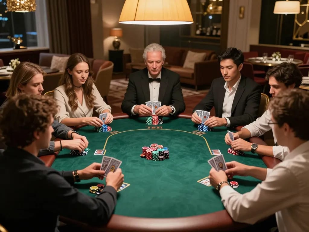 Players engaging in an intense poker game at sc88hd, showcasing strategic gameplay and luxury ambiance.