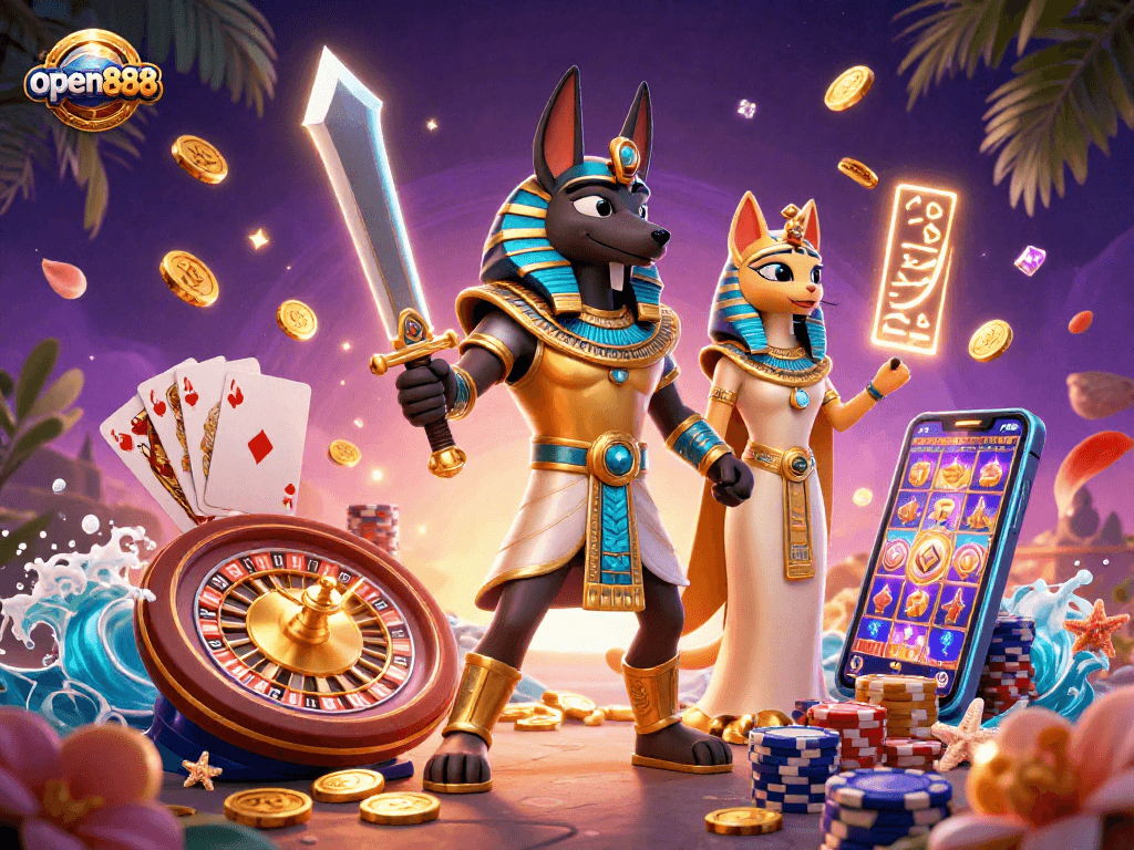 Experience the excitement of open888 with the striking Anubis and Bastet amidst vibrant casino elements.