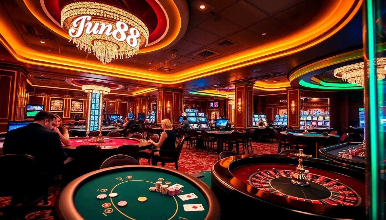 Players enjoying exciting casino games at Jun88, showcasing vibrant poker and roulette tables.