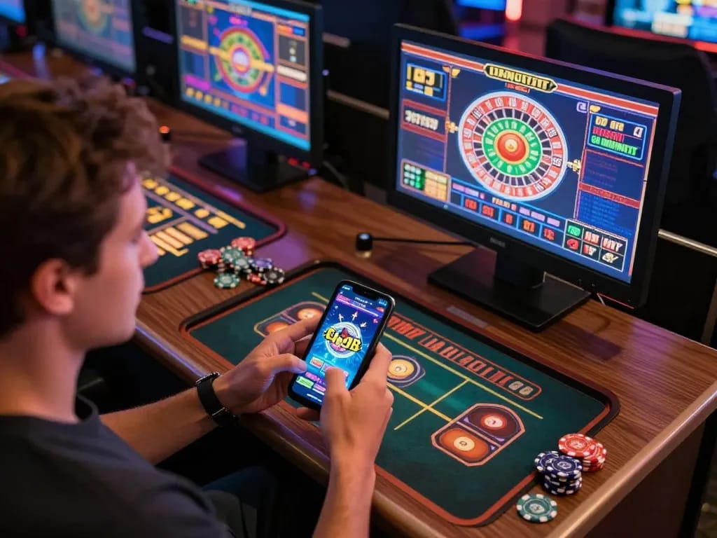 Engaging with the hit club mobile casino app on a smartphone surrounded by colorful gaming tokens.
