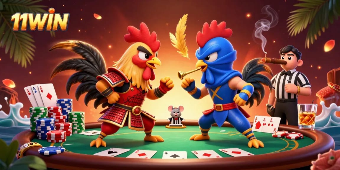 Engage in thrilling poker action with 11WIN's vibrant 3D cartoon portrayal of fighting roosters.