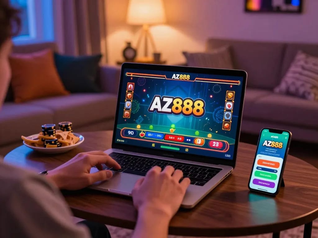Engaged player using the AZ888 app and laptop for online gaming in a cozy home setting.