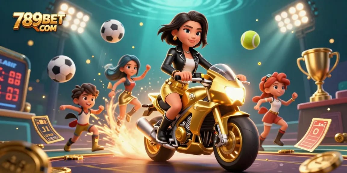 Experience thrilling gameplay at 789BET COM with an exciting 3D scene of a stylish woman on a golden lion mascot.