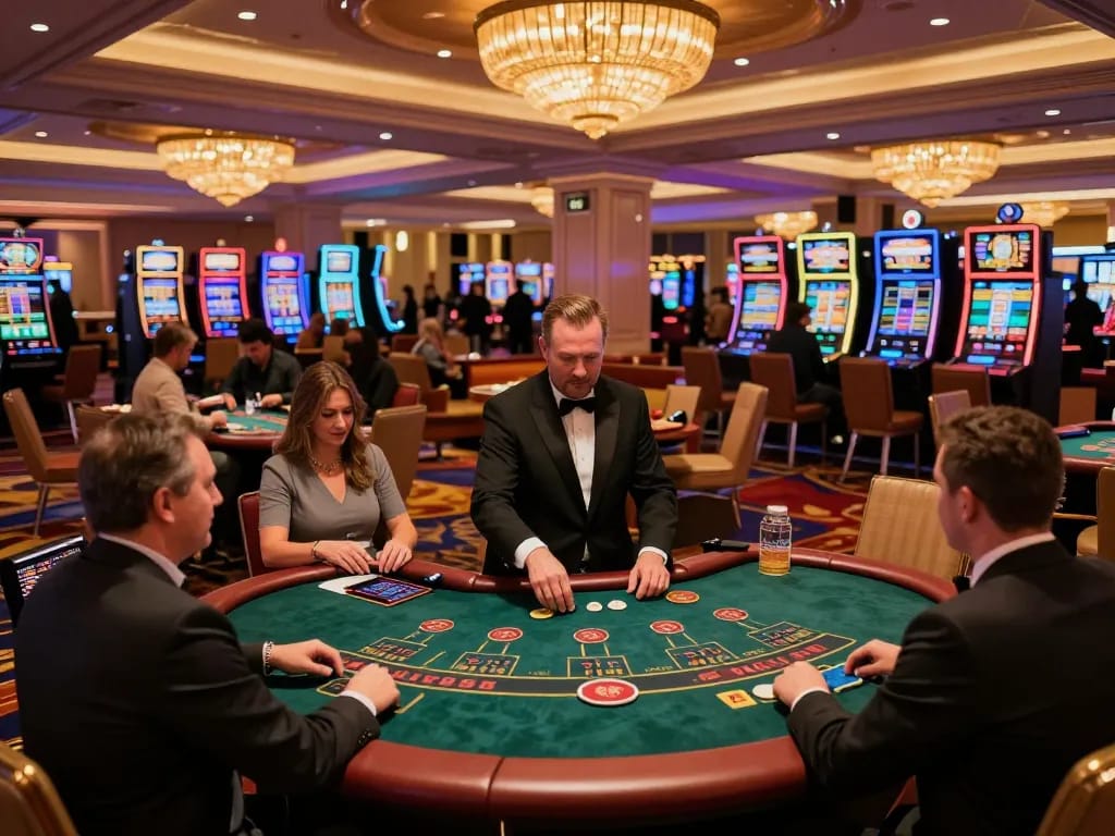 Players engaging in strategic blackjack gameplay at a vibrant casino venue featuring g28-t1.