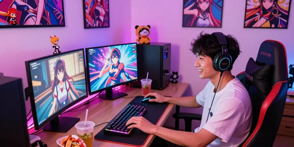 Engaging scene of a gamer enjoying hentai games online in a colorful setup, surrounded by gaming memorabilia and vibrant lights.
