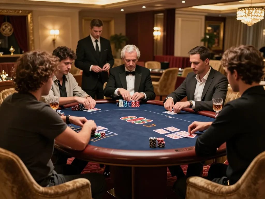 Players strategizing at a poker table in a luxurious setting, keobongda enhancing their experience.