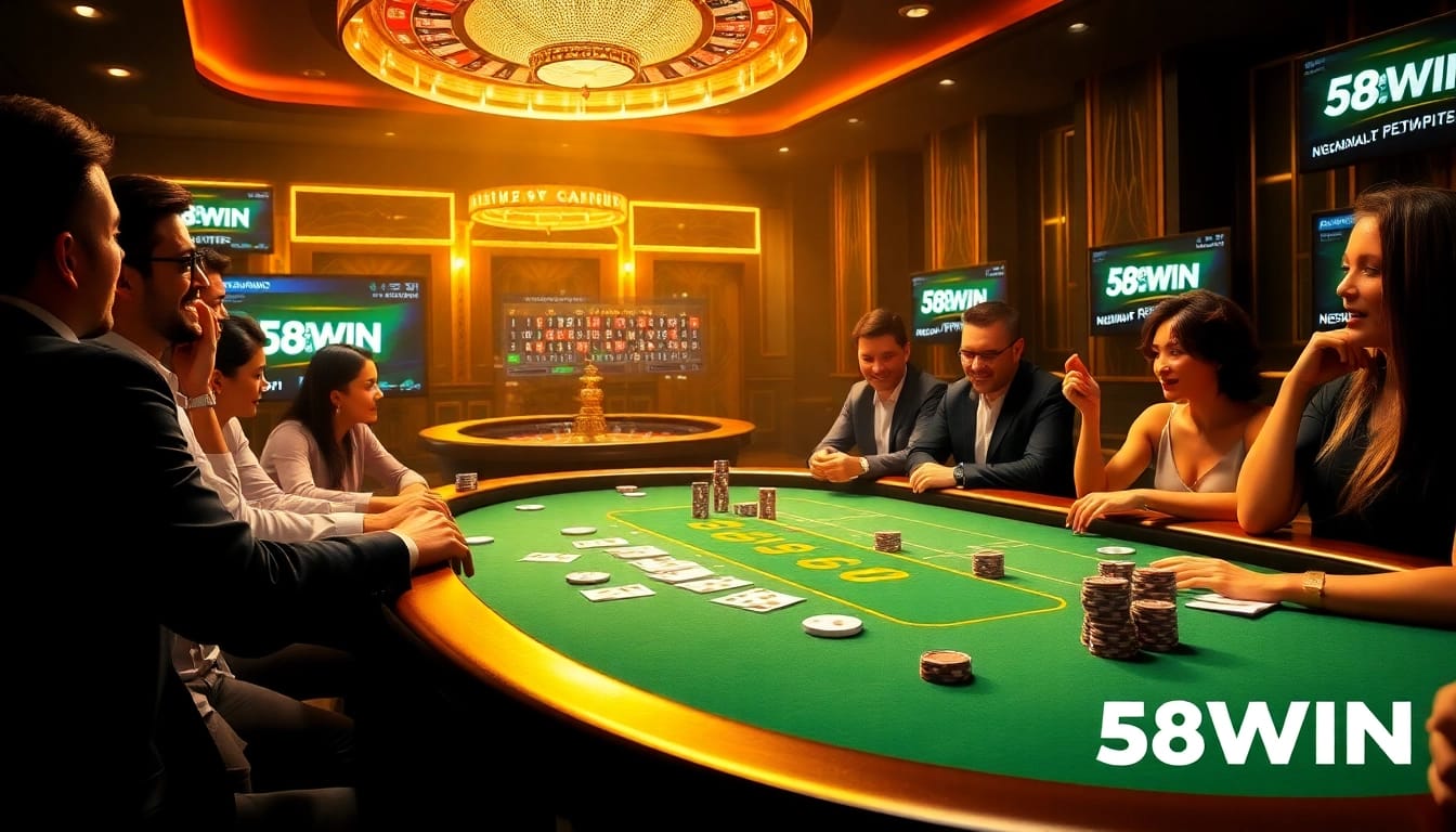 Players engaging in high-stakes poker at a luxurious casino featuring 58WIN branding.