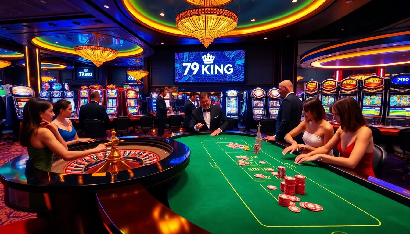 Engaging scene at a 79KING casino with players at roulette and card tables, showcasing excitement.