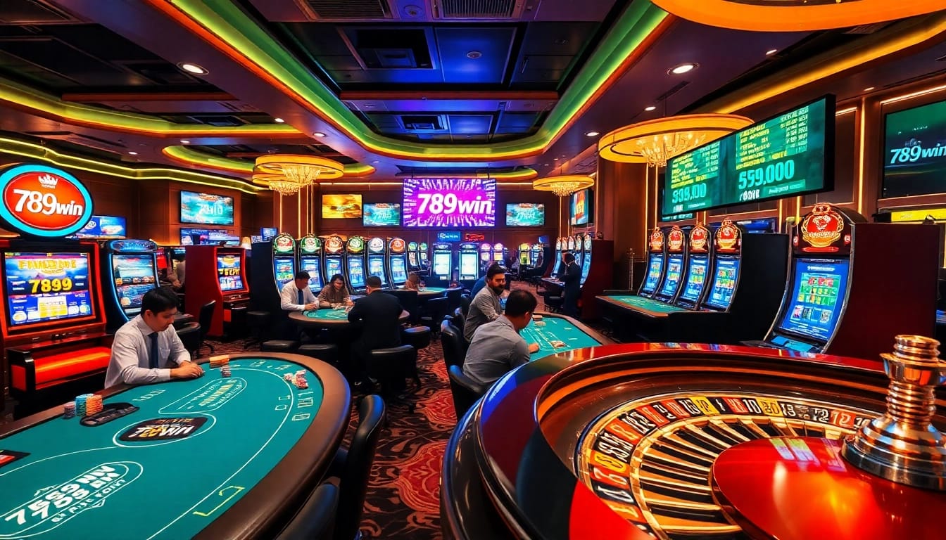 Exciting casino scene showcasing 789win poker tables, vibrant slot machines, and betting chips.