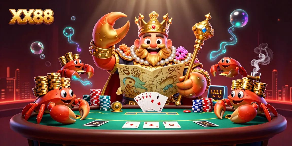 Engage with the vibrant world of XX88 as a golden crab emperor commands a treasure map surrounded by poker elements.