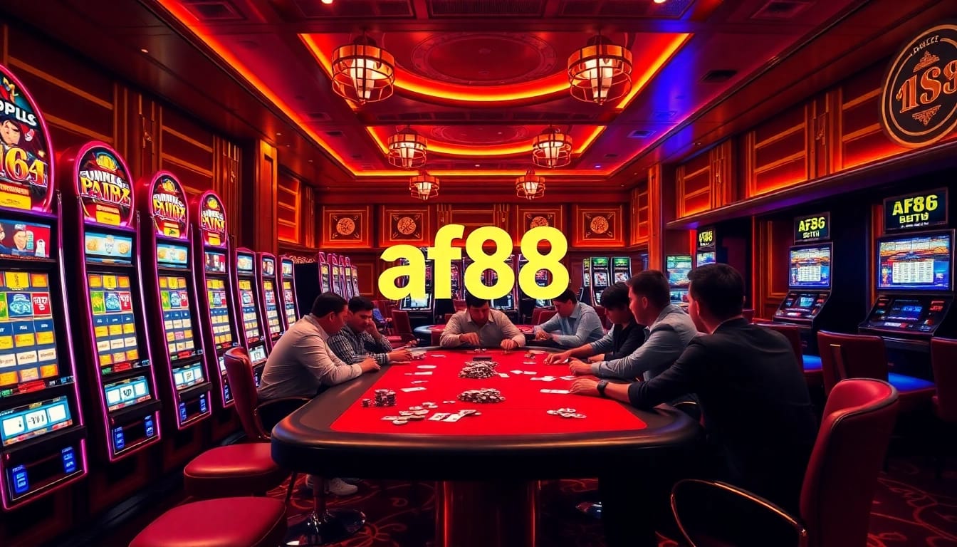 Experience thrilling online gaming at https://af88.bid/ with players enjoying vibrant slot machines and poker.