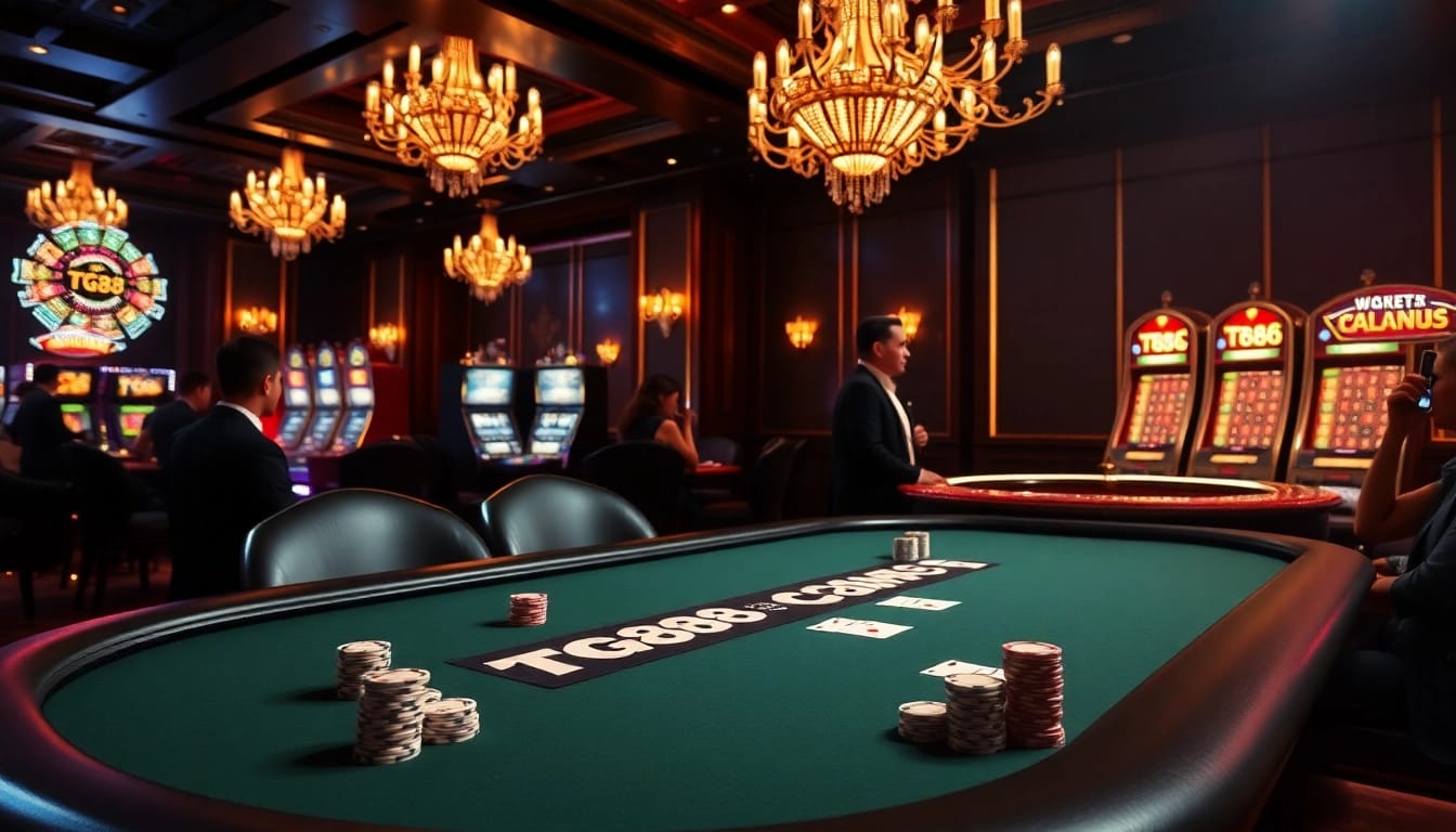 Engaged players enjoy the excitement at TG88 COM's elegant casino table with poker chips.