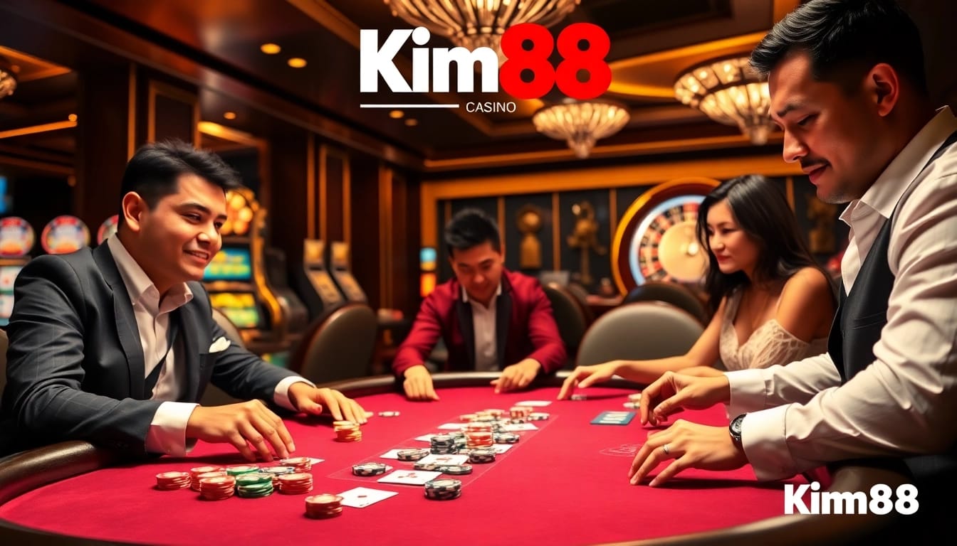 High-energy poker game at Kim88 casino, showcasing colorful chips and focused players.