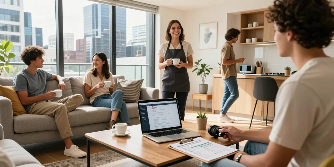 Short-stay property management Melbourne scene showing a well-styled rental and a property manager welcoming guests with a warm smile.