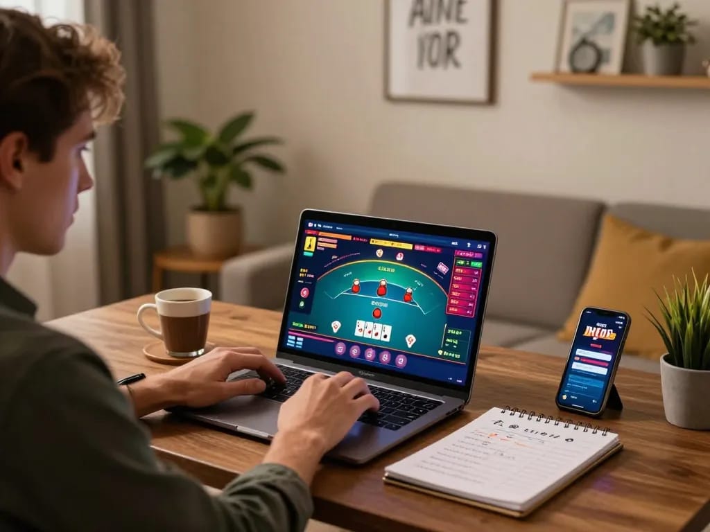Person engaging in online poker game at home with a laptop and smartphone, sc88 nhà cái visible on screen, emphasizing strategic play.