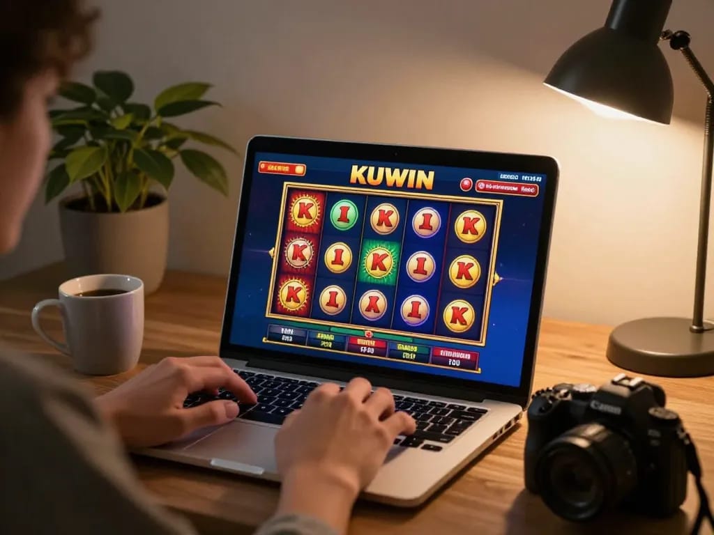 Play KUWIN slot games online in a cozy home setting, showcasing a winning moment on the laptop screen.