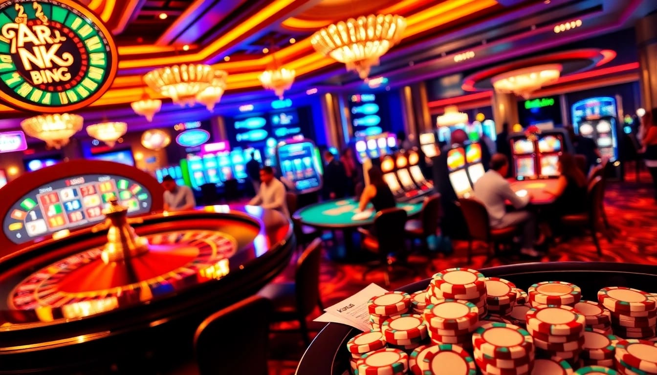 Players enjoying card games and slot machines at a luxurious casino with kk555 stakes.