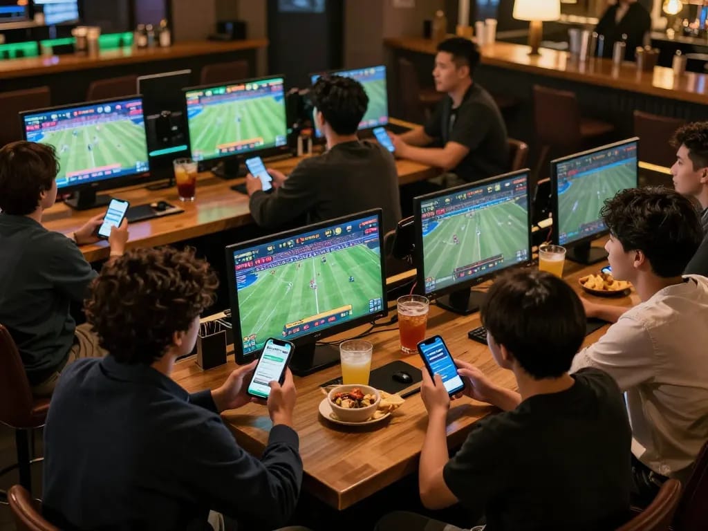 Bong88 users engaging in exciting sports betting at a lively bar, showcasing mobile app betting.
