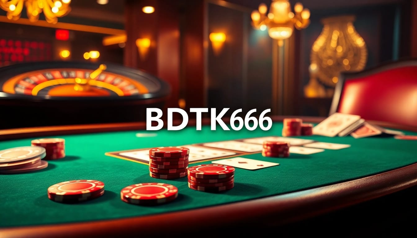 Playing cards and poker chips on a luxurious casino table featuring BDTK66 branding, conveying excitement.