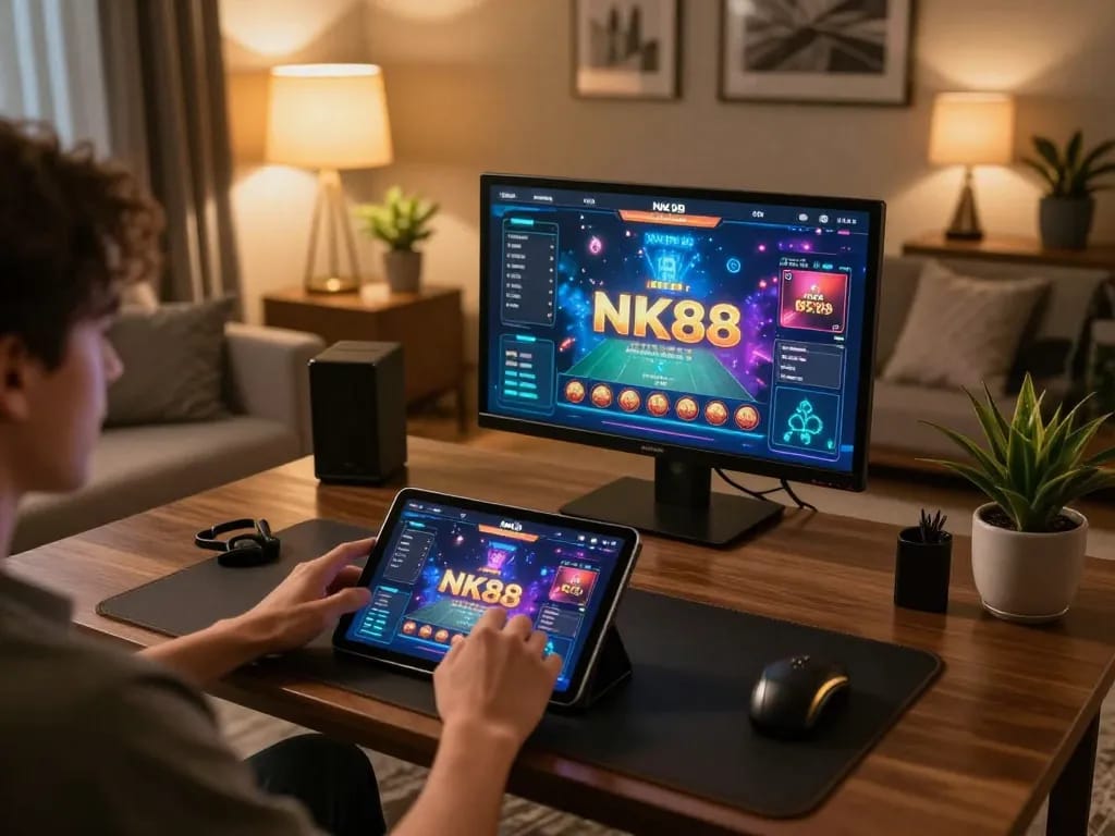 Nk88 user interacting with mobile casino app in a cozy home setting.