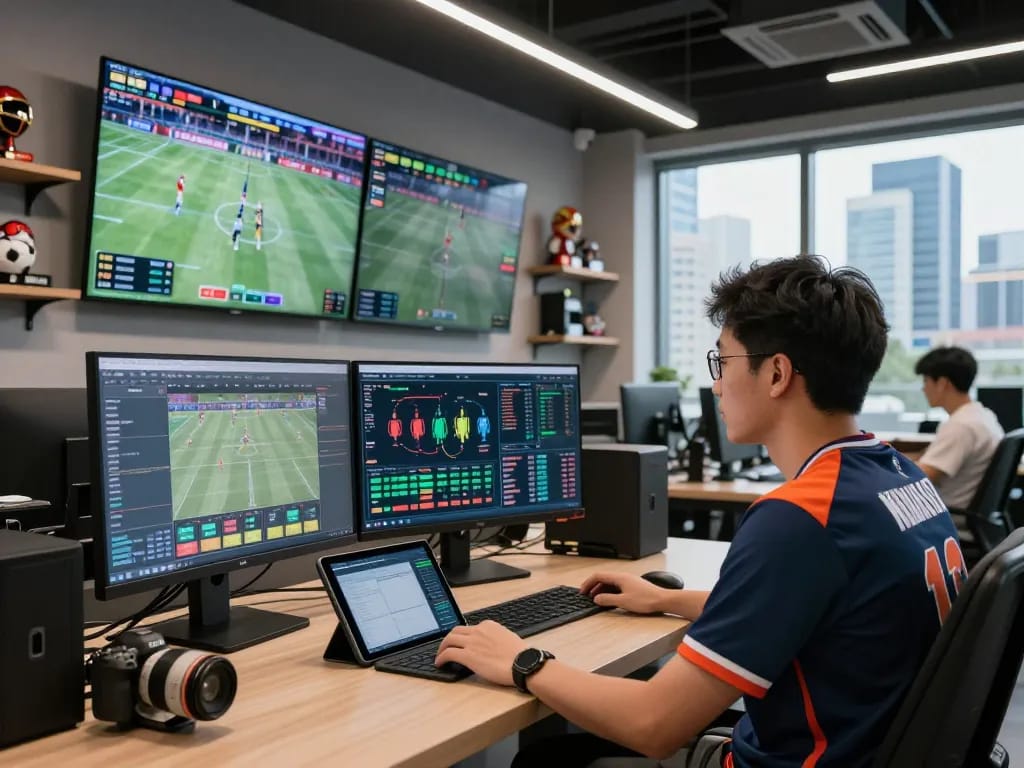 Bongdalu sports analyst reviewing real-time match data in a modern sports data center, engaging with live statistics.