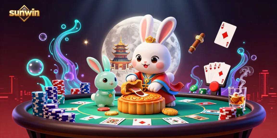 Join the fun at sunwin; a moon rabbit reveals poker chips in a vibrant, engaging casino scene.