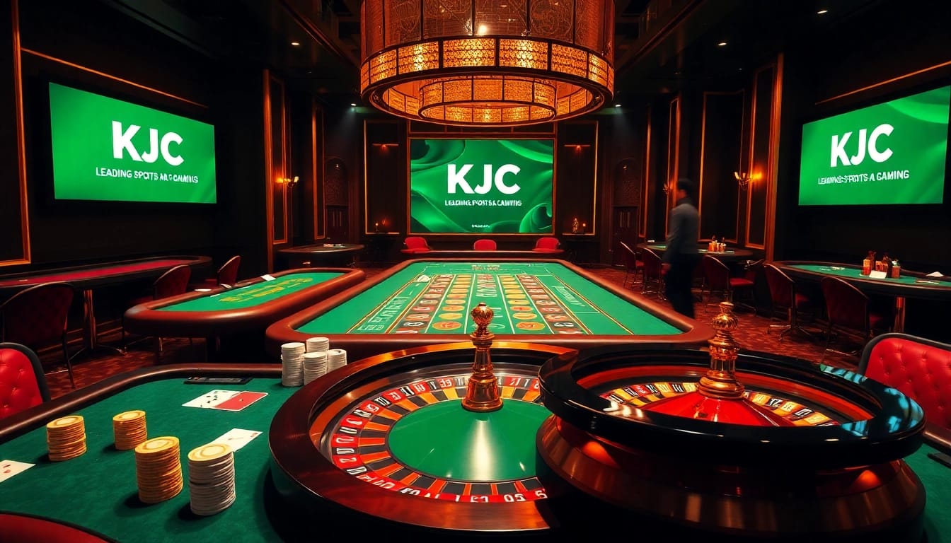 KJC players enjoying a game at a luxurious casino table with chips and cards.