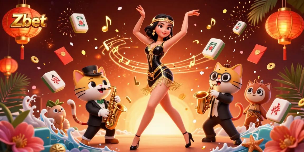 Zbet showcases a vibrant casino scene with a stylish flapper dancer and a saxophone-playing cat amidst dynamic gaming elements.
