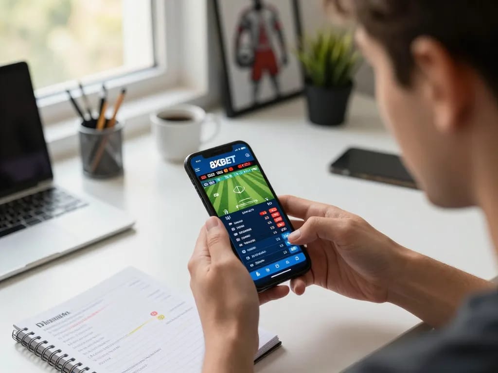 Engaging mobile sports betting on the 8XBET app with live odds in a modern home setup