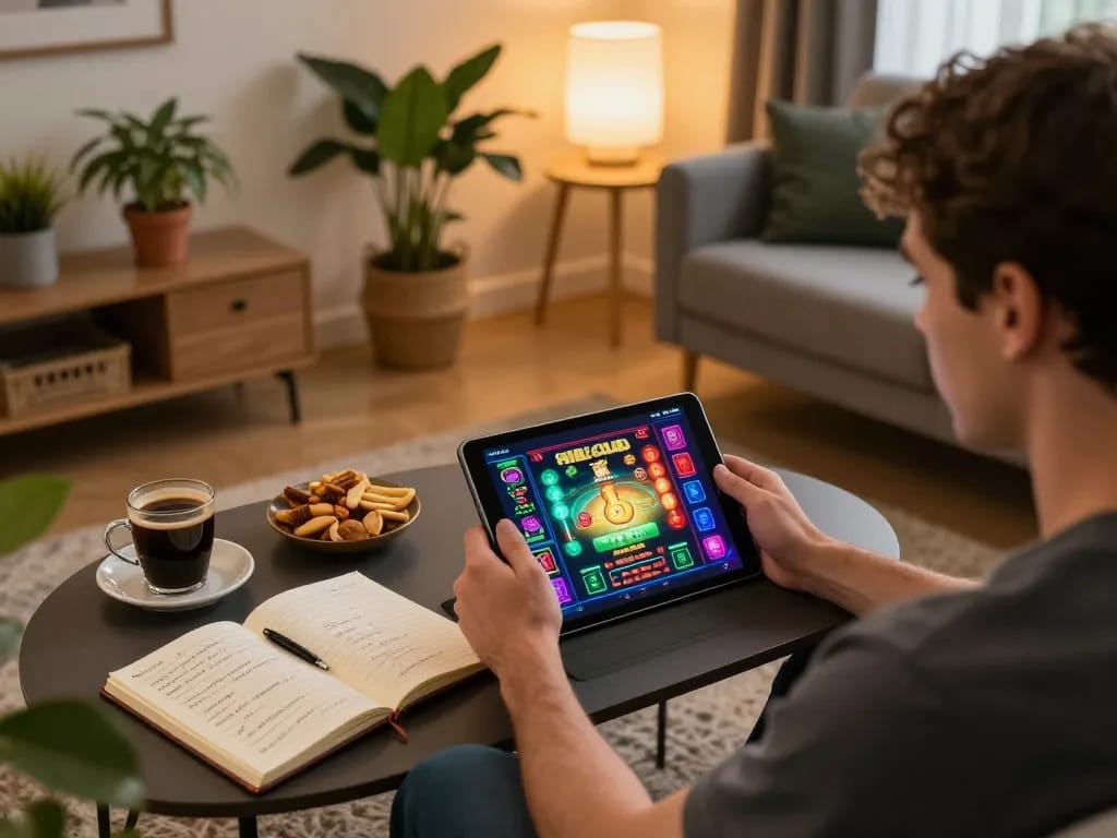 Players enjoying Hitclub online gaming app on tablet in cozy setting, emphasizing excitement and strategy