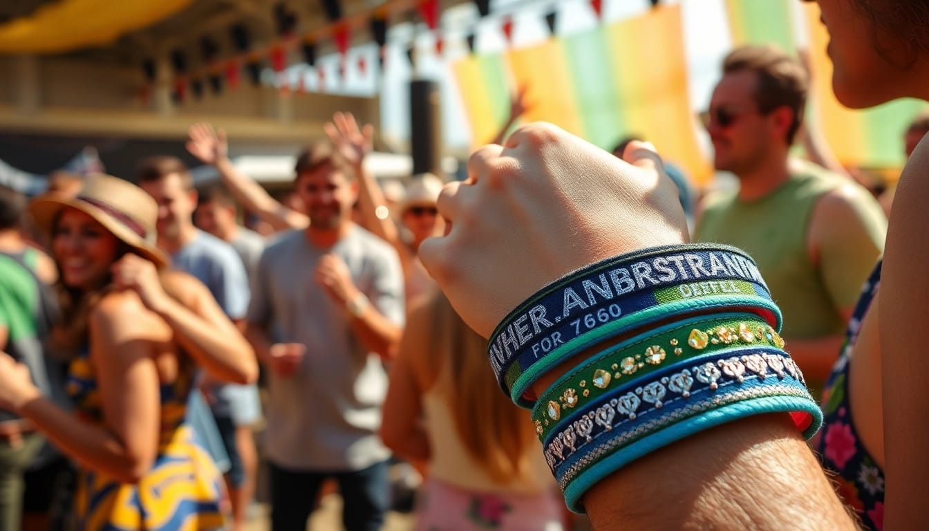 Personalisierte Festival-Armbänder mit lebendigen Designs und Texturen.