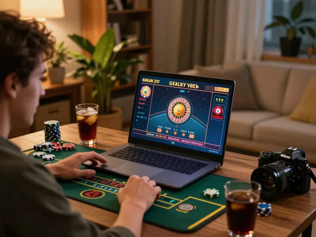 Player engaging with 58win online casino from home, visualizing live dealer game on laptop