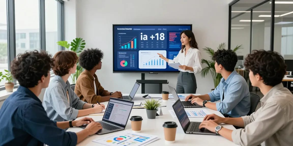 Marketing team discussing strategies for 'ia +18' in a vibrant office.